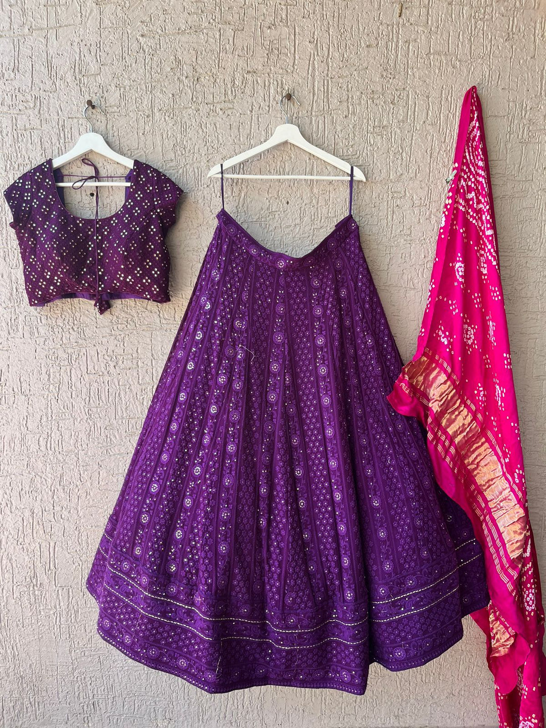 Purple Chikankari Lehenga with Bandani Dupatta
