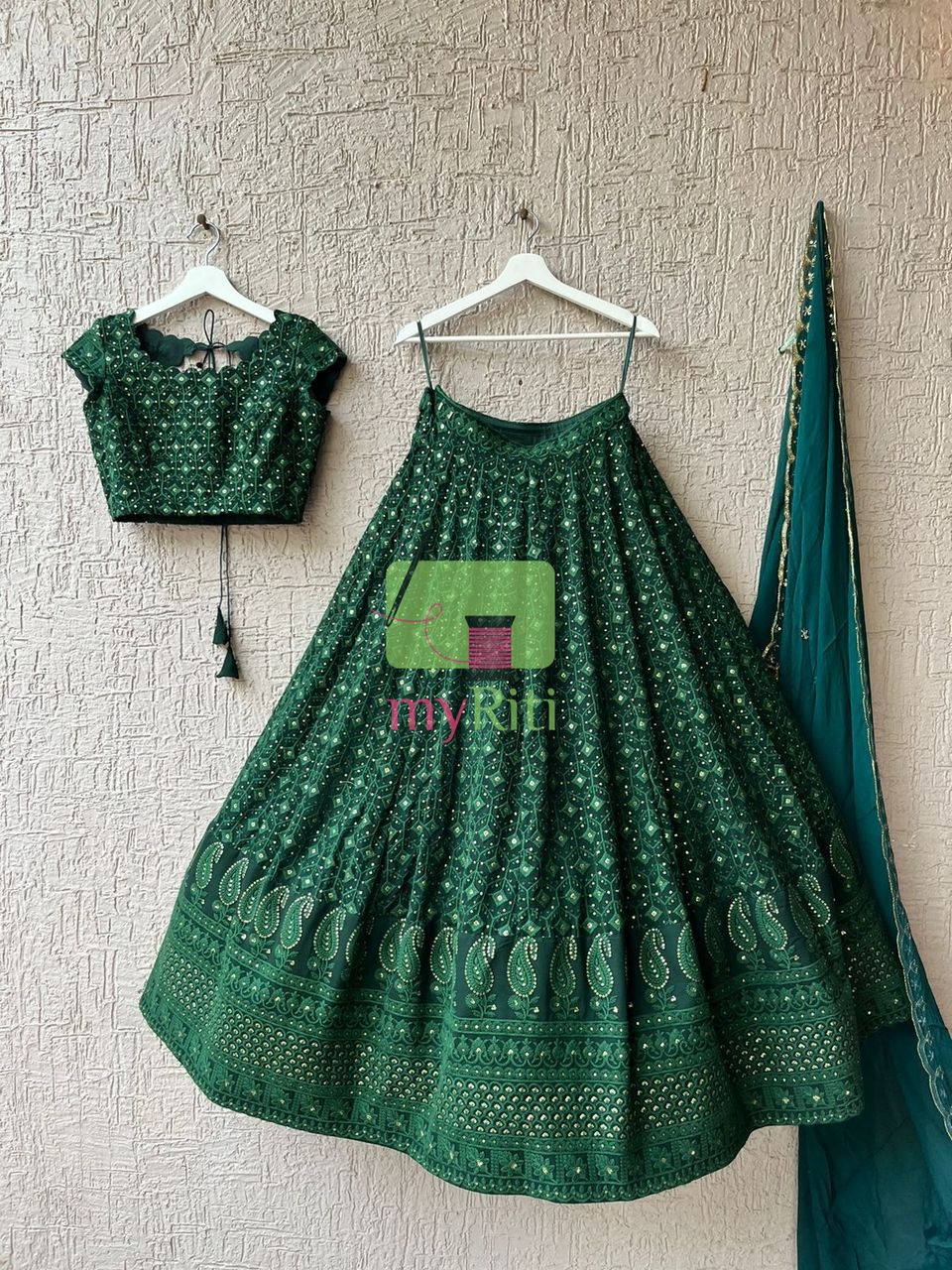 Bottle Green Chikankari Lehenga