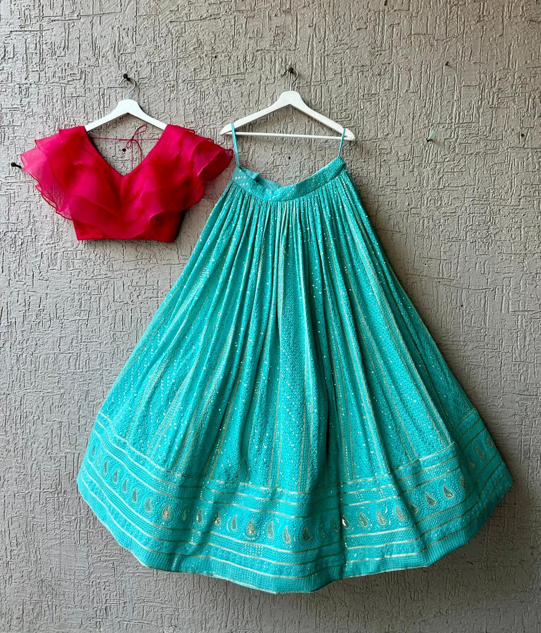 Pink and Ice Blue Chikankari Lehenga