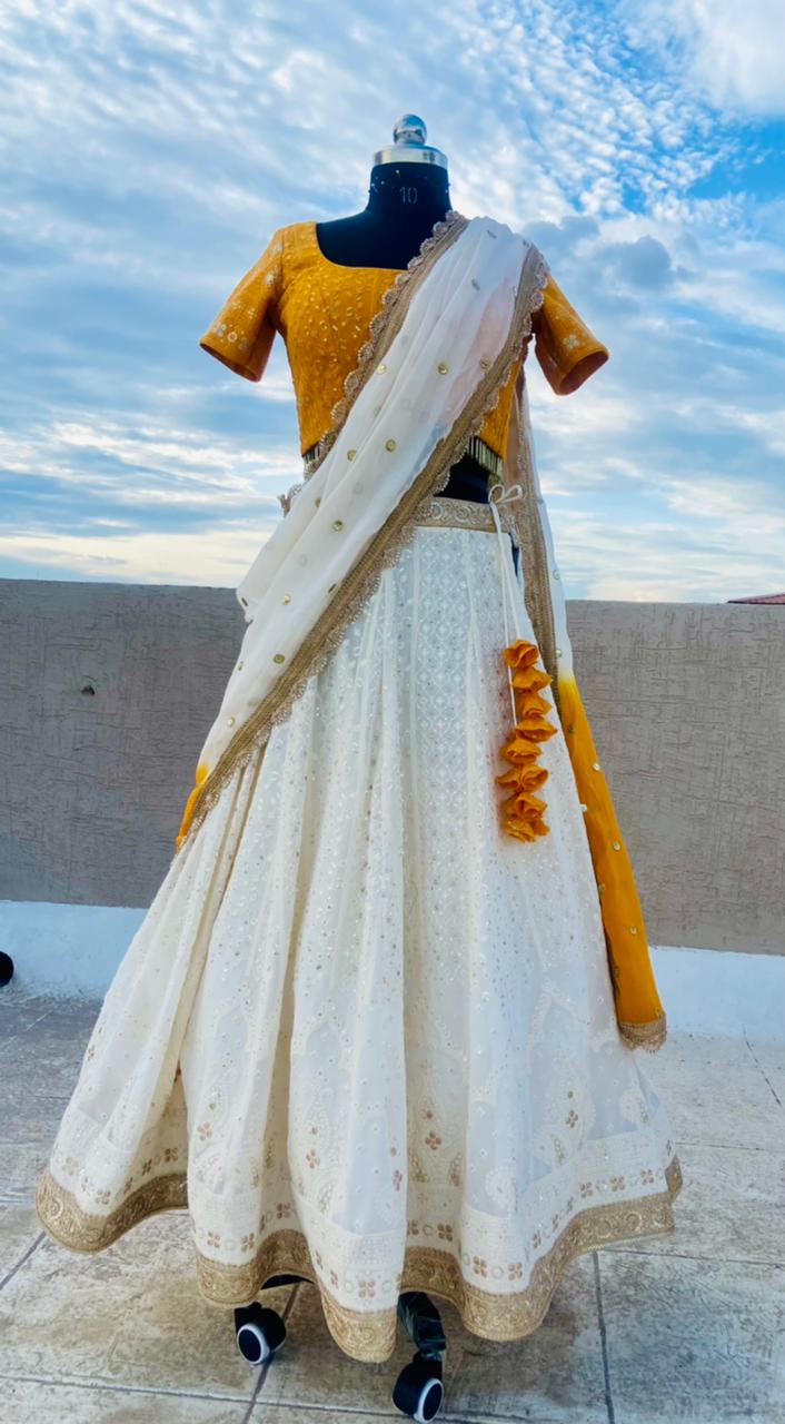 Yellow and Halfwhite Chikankari Lehenga