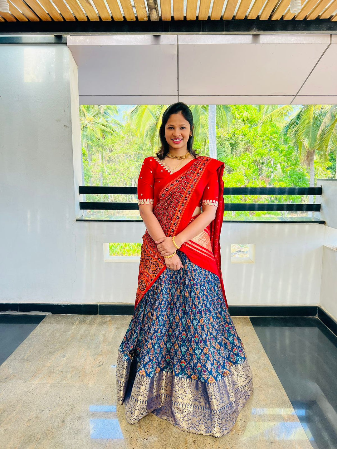 Red & Blue Patola Silk Lehenga