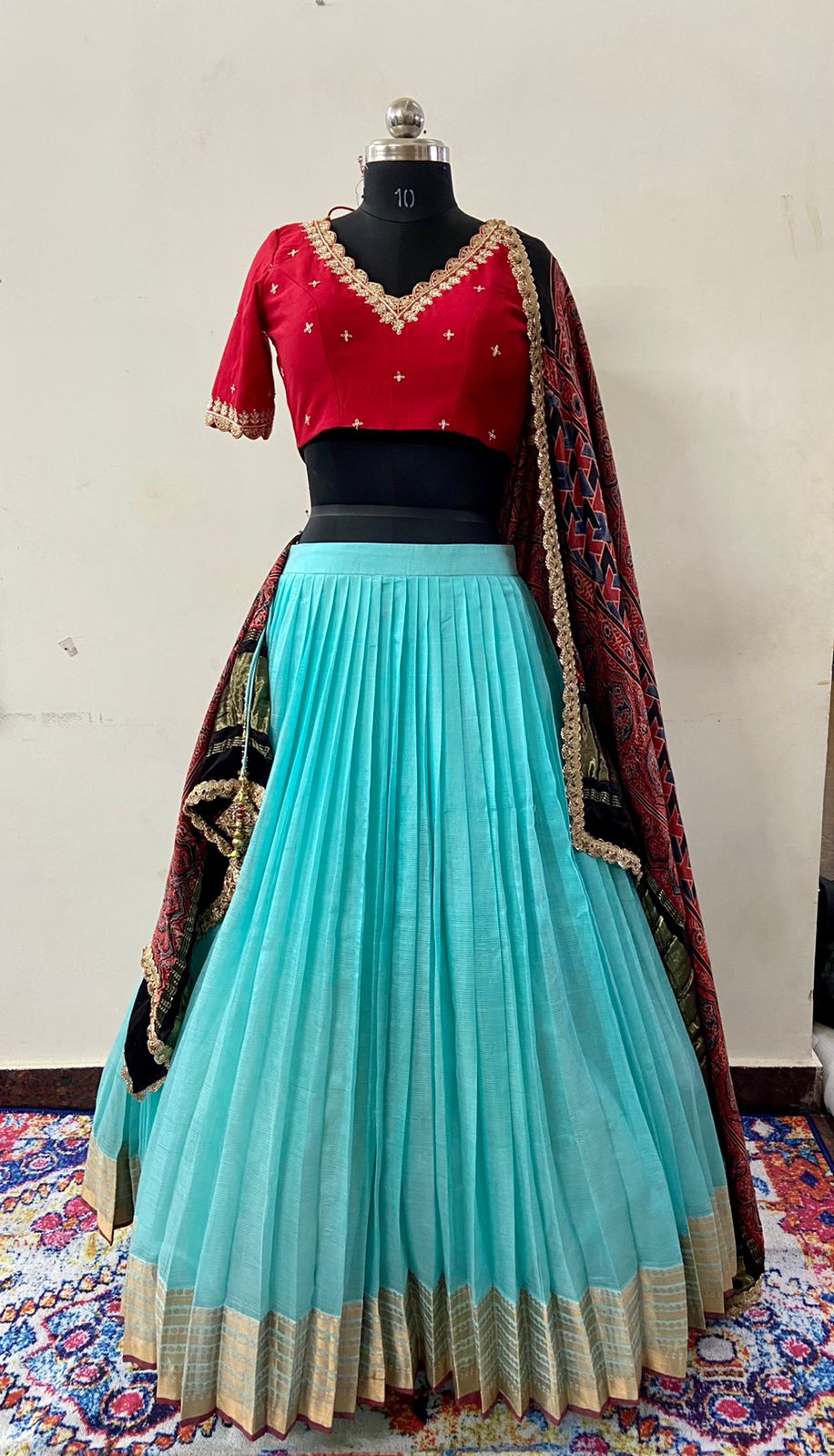 Red and Sea Blue Pure Mangalgiri Silk Lehenga myRiti