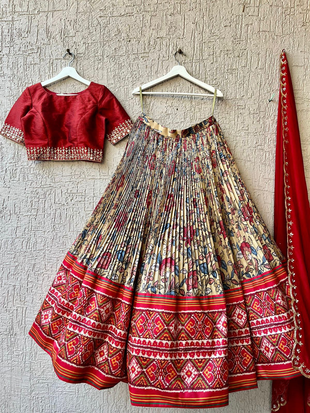 Dark Red Kalamkari Silk Lehenga