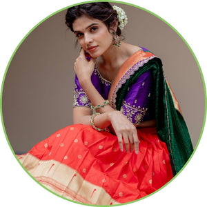Image shows a Paithani Lehenga, highlighting a richly colored, detailed skirt and blouse, reflecting classic Indian elegance. 