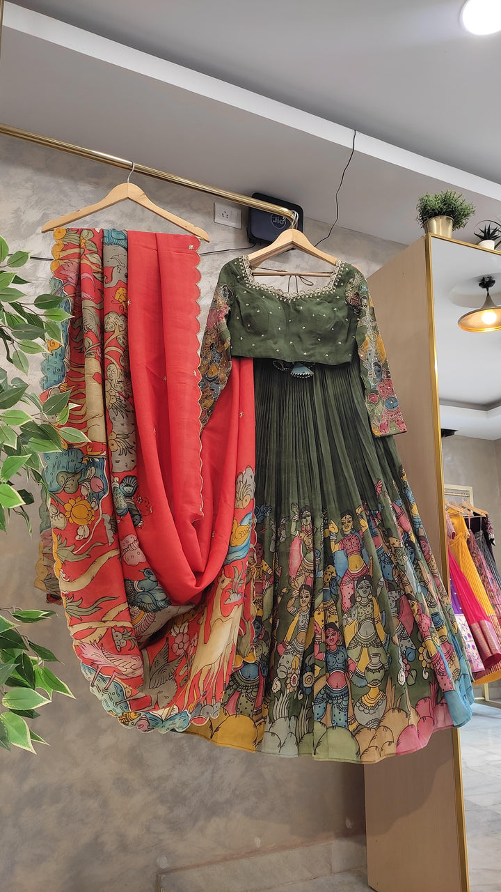 Green and Red Pen Kalamkari Lehenga