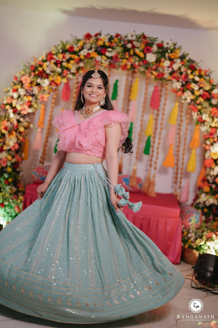 Pink & Sea Green Chikankari Lehenga