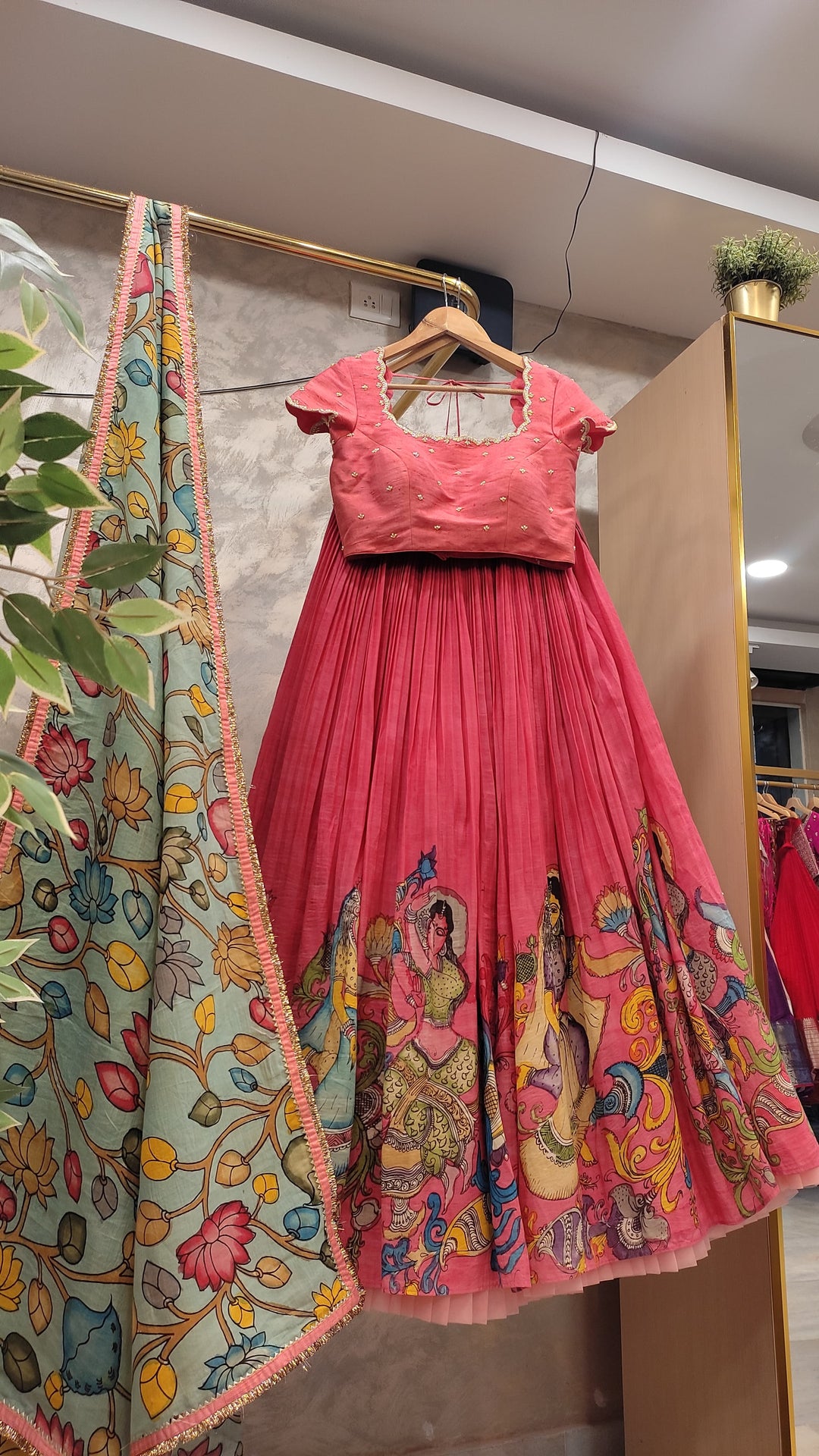 Pink & Blue Pen Kalamkari Lehenga