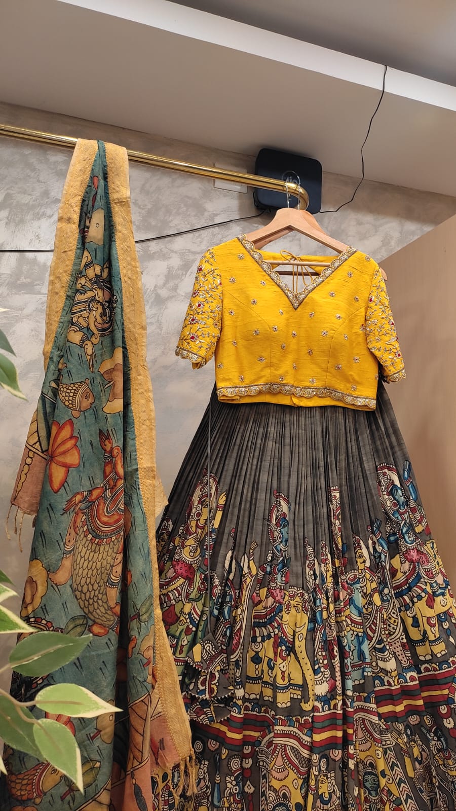 Grey & Yellow Pen Kalamkari Lehenga