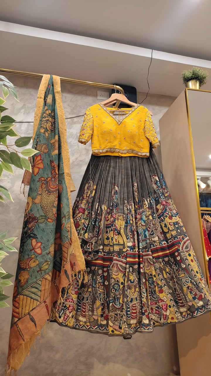 Grey & Yellow Pen Kalamkari Lehenga