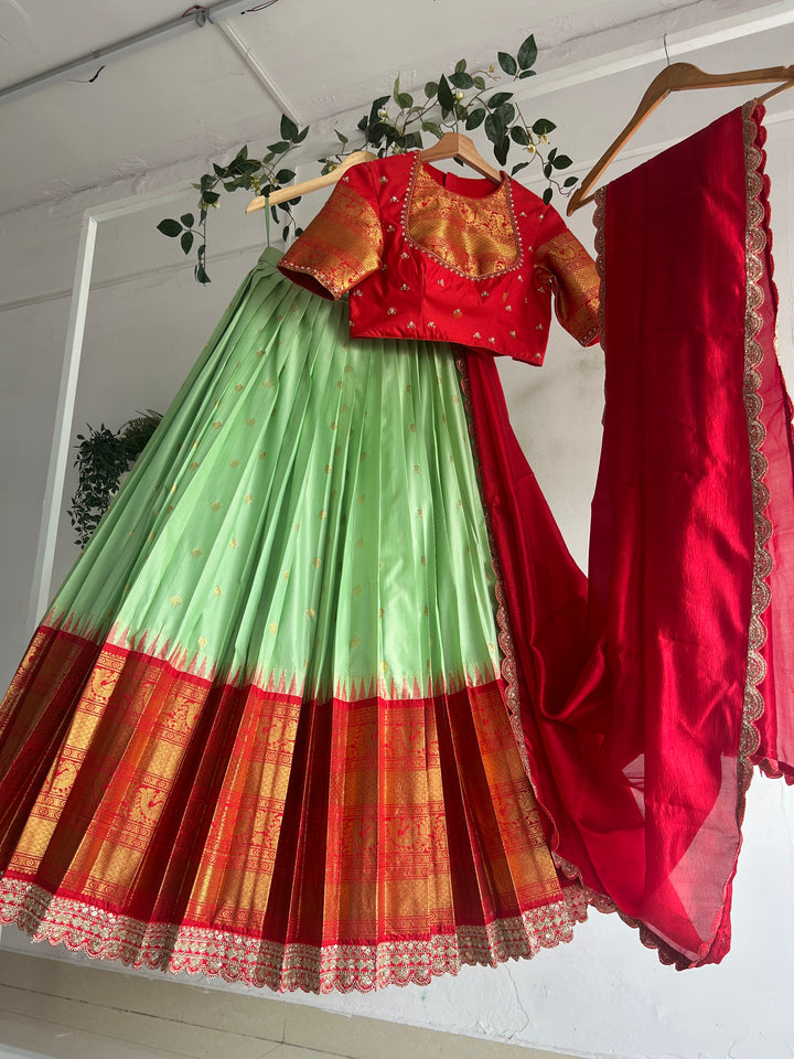 Green & Red Silk Lehenga