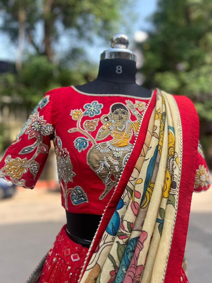 Red Kalamkari & Chikankari Lehenga