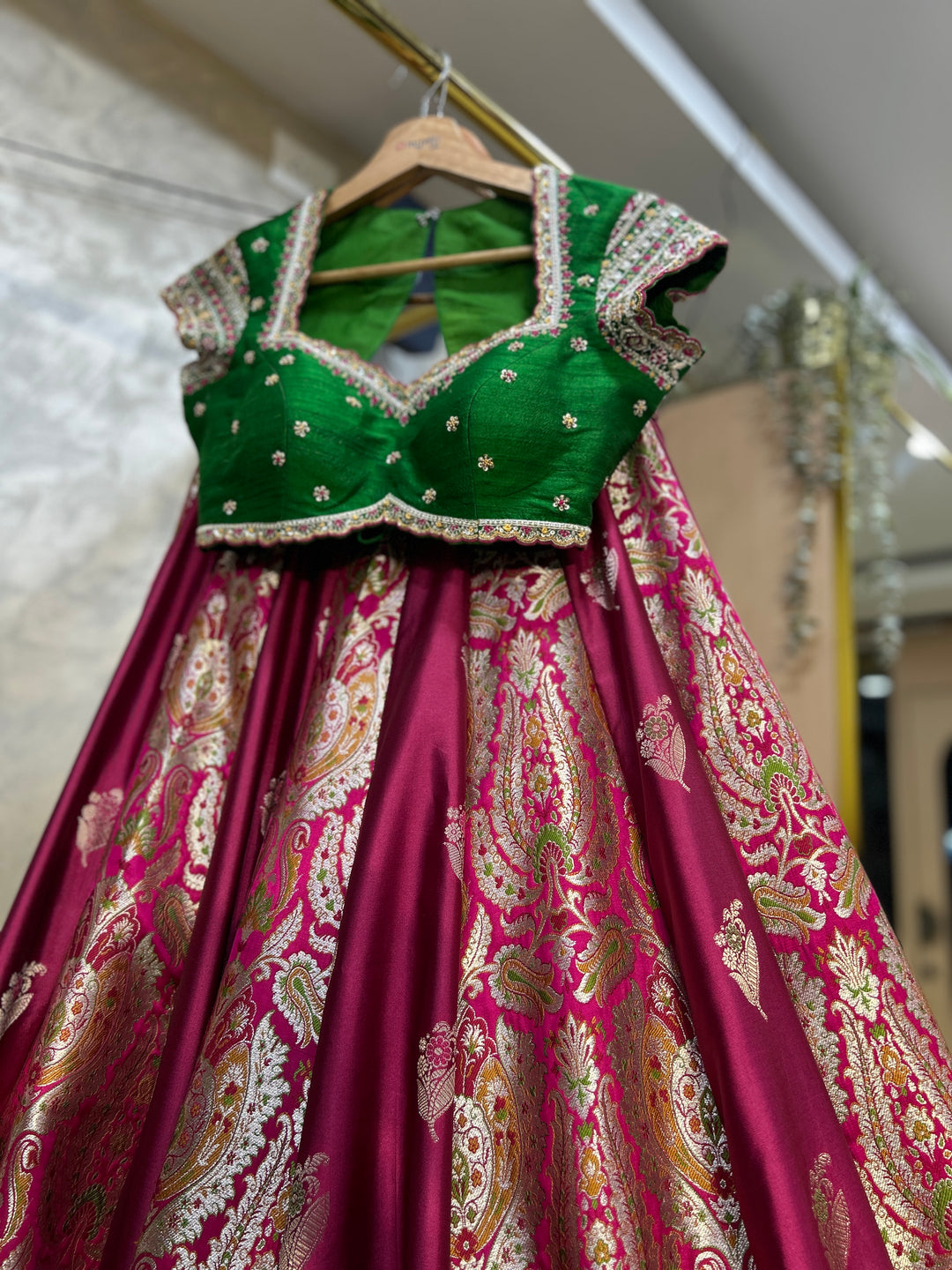 Pink & Green Banaras Silk Lehenga