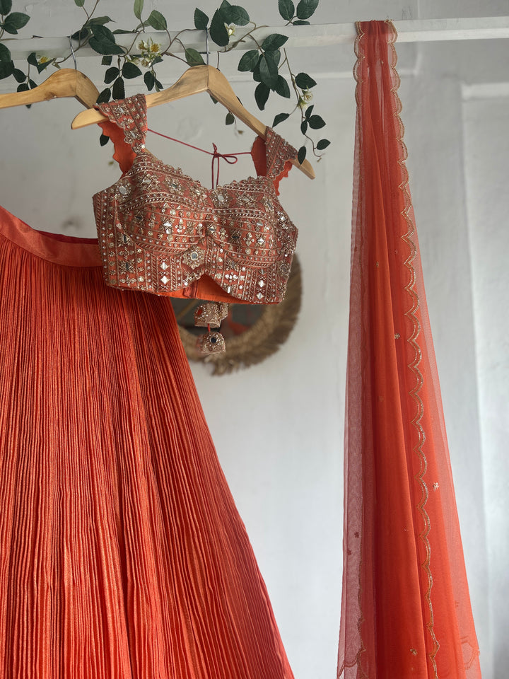 Peachish Orange Tissue Lehenga