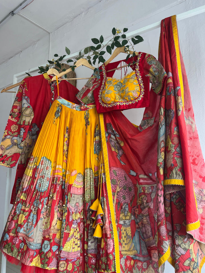Yellow and Red Kalamkari Couple Combo