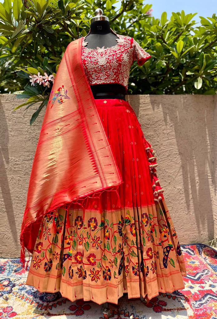 Red Paithani Silk Lehenga