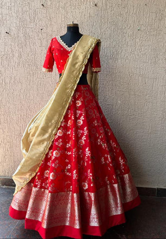 Red Banarasi Organza Silk Lehenga