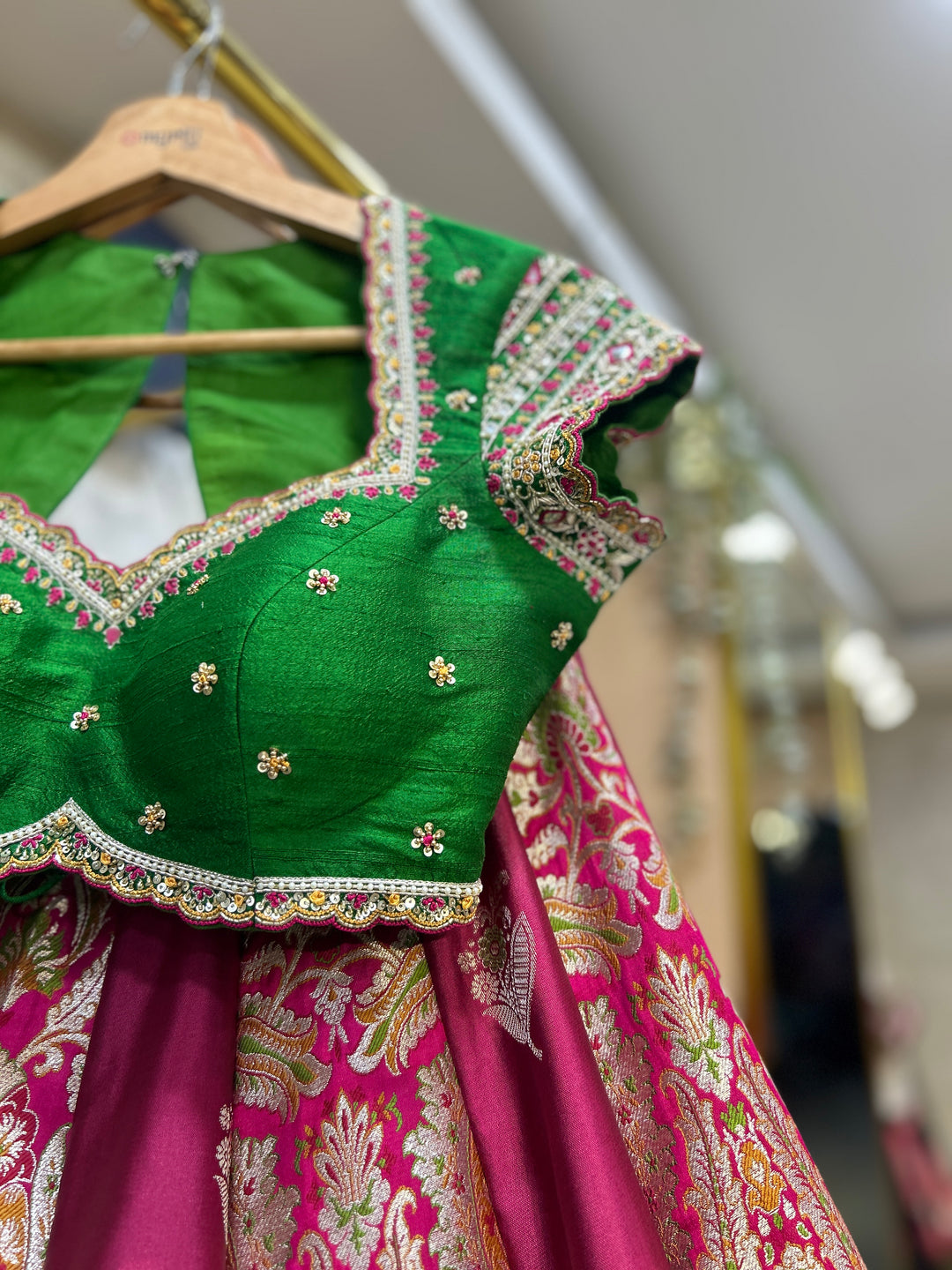 Pink & Green Banaras Silk Lehenga