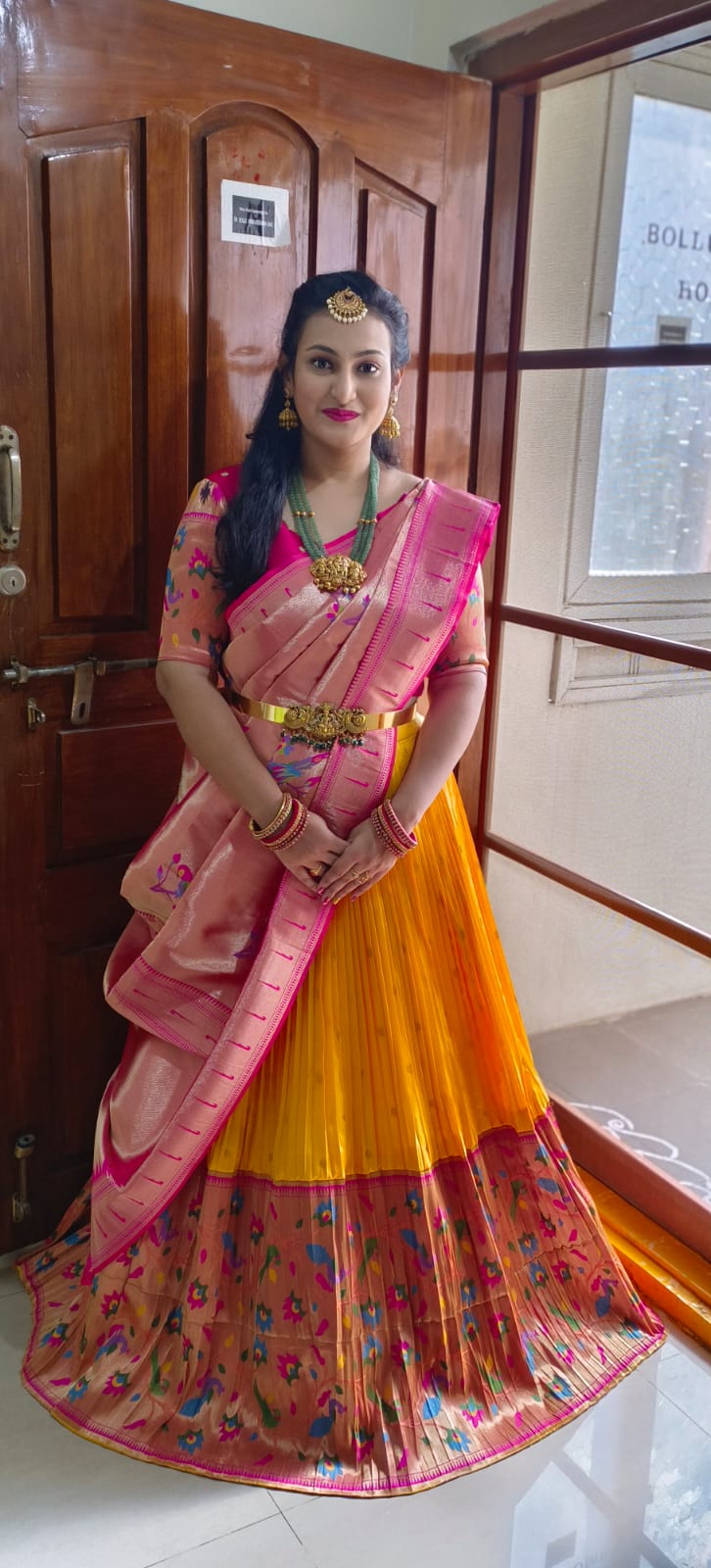 Yellow and magenta pink georgette wedding wear lehenga choli for women