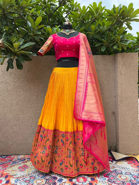 Pink & Yellow Paithani Silk Lehenga