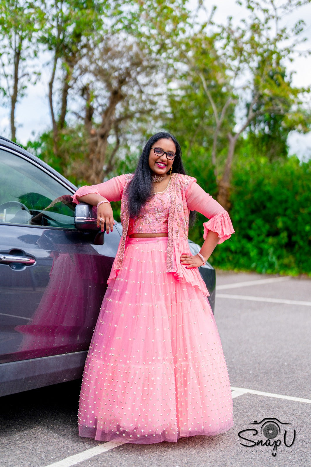 PinkishPeach Net Pearls Lehenga