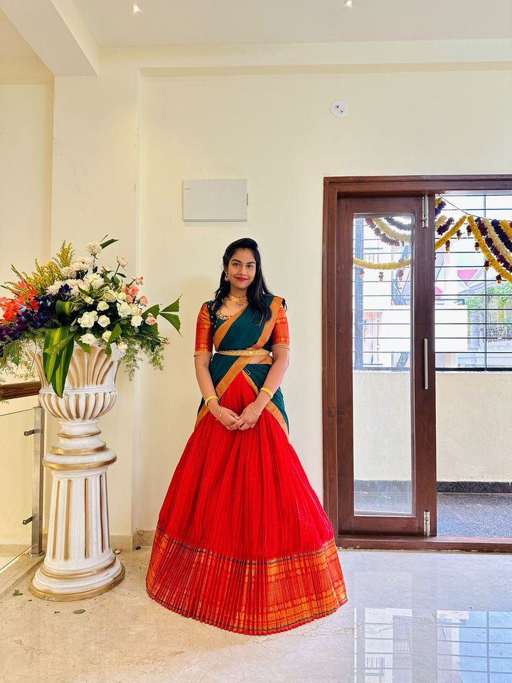 Green & Red Handloom Half Saree