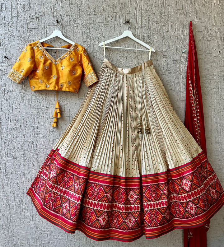 Yellow and Cream Bandani Patola Lehenga