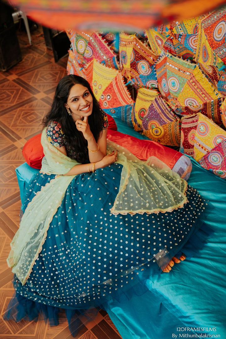 Peacock Blue Heavy Net Lehenga