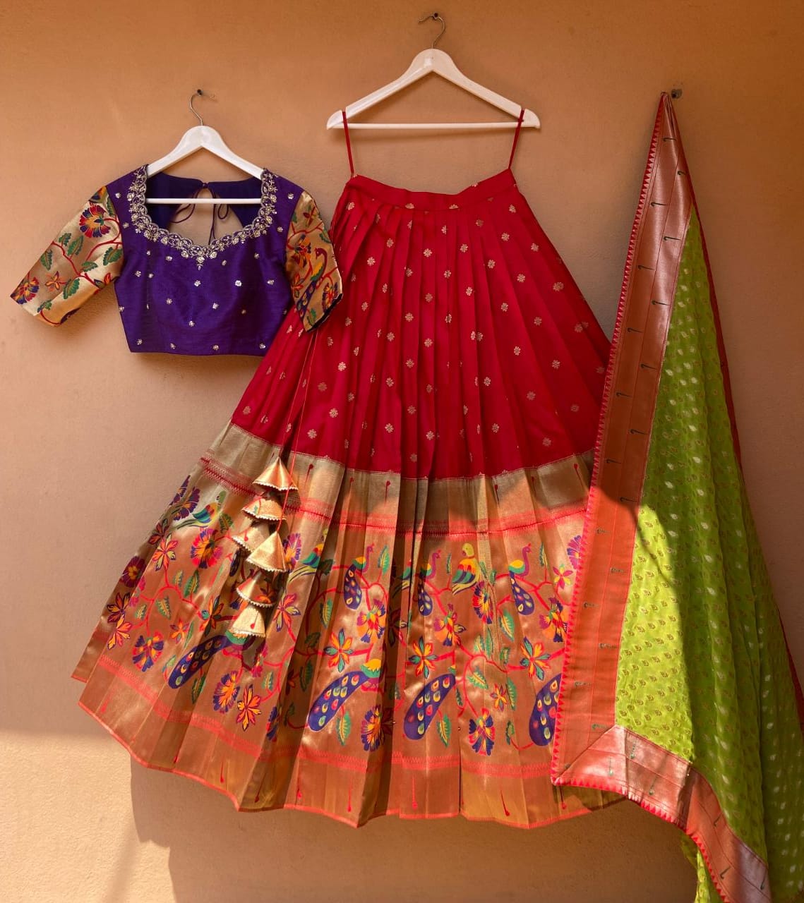 Party Wear Pure Silk Lehenga Dress Coral - KhuranasMart.com