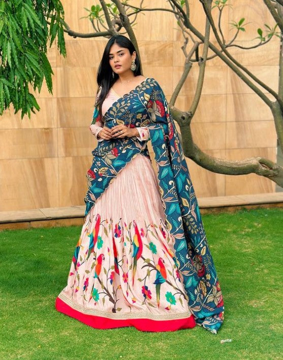 Charming Pink Kalamkari Silk Lehenga by myRiti, adorned with traditional patterns, perfect for bridal and festive wear