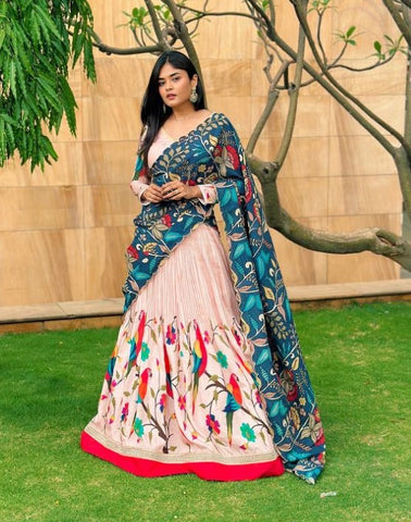 Charming Pink Kalamkari Silk Lehenga by myRiti, adorned with traditional patterns, perfect for bridal and festive wear