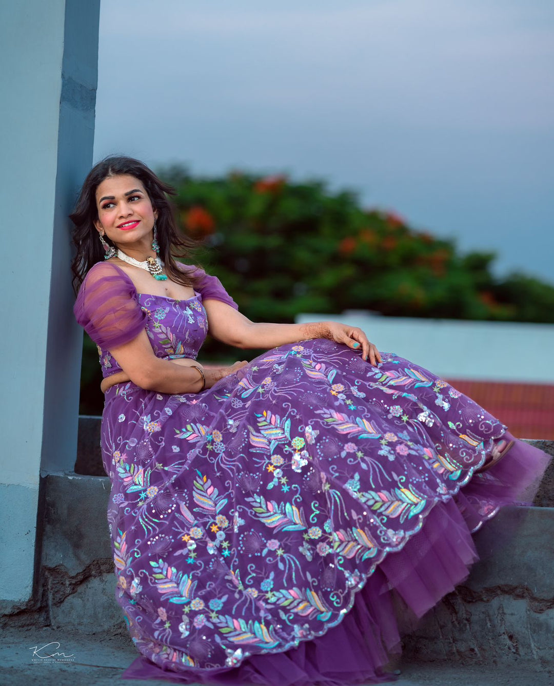 Dark Lavender Net Handwork Lehenga