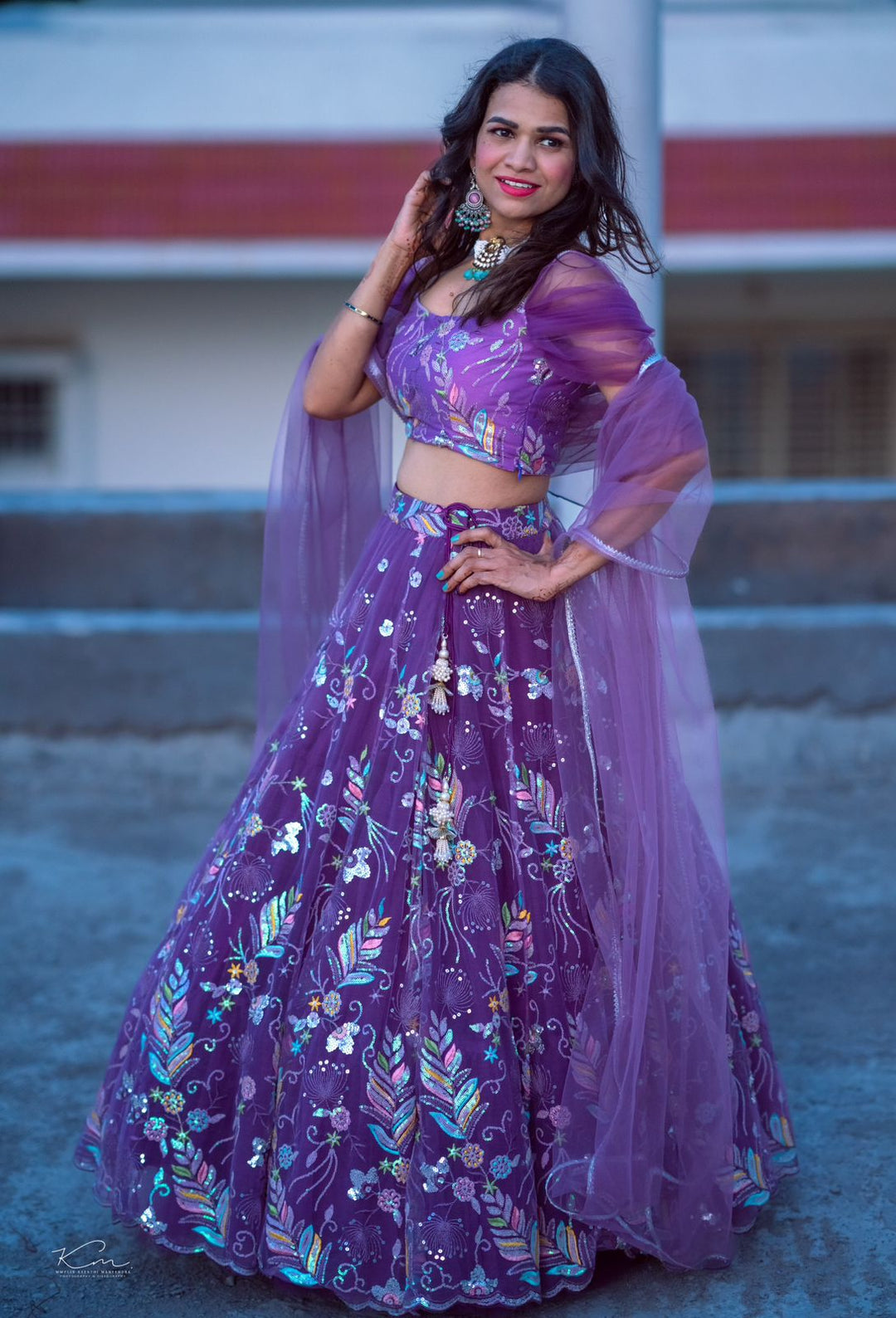 Dark Lavender Net Handwork Lehenga