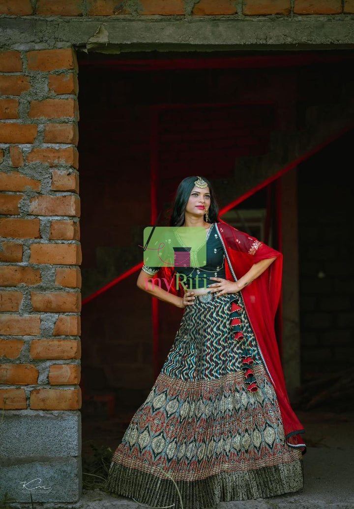 Black Lehenga in Ajrakh Handloom Silk at myRiti.com