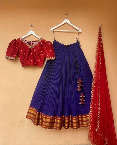 Red & Blue Pure Silk Narayanpet Lehenga