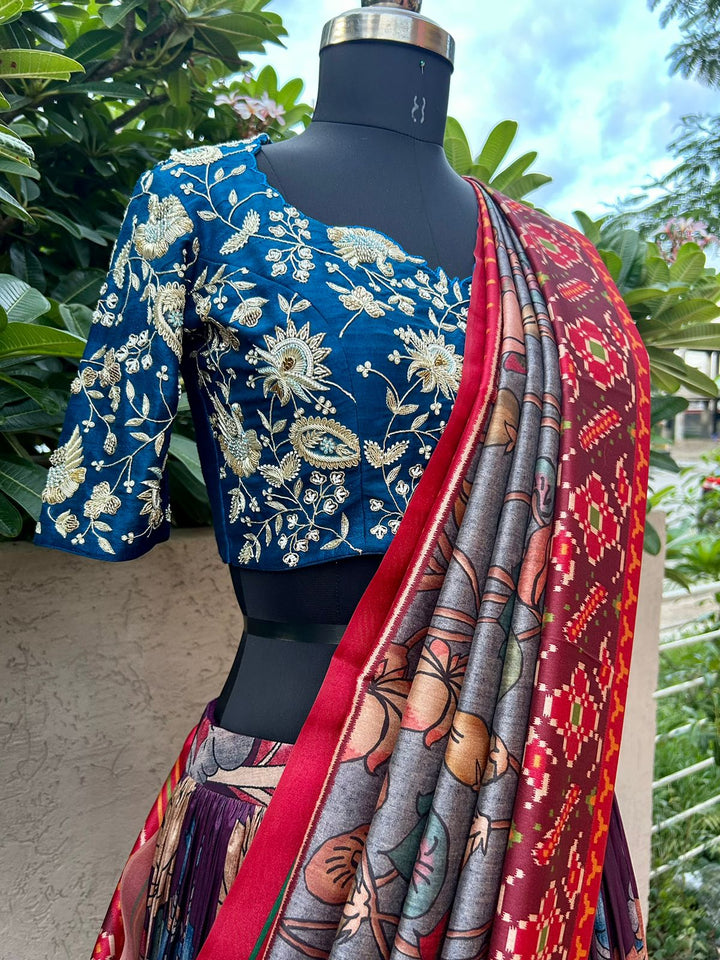 Chic Blue & Wine Kalamkari Silk Lehenga by myRiti, featuring elegant traditional patterns, ideal for fashionable ethnic wear.