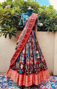 Chic Blue & Wine Kalamkari Silk Lehenga by myRiti, featuring elegant traditional patterns, ideal for fashionable ethnic wear.