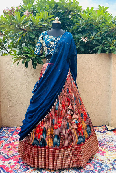 Chic Blue & Peach Kalamkari Silk Lehenga by myRiti, featuring elegant traditional patterns, ideal for fashionable ethnic wear.