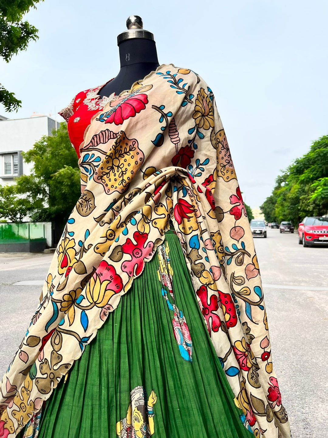 Bright Green Kalamkari Silk Lehenga by myRiti, featuring traditional hand-painted designs, perfect for festive occasions and weddings