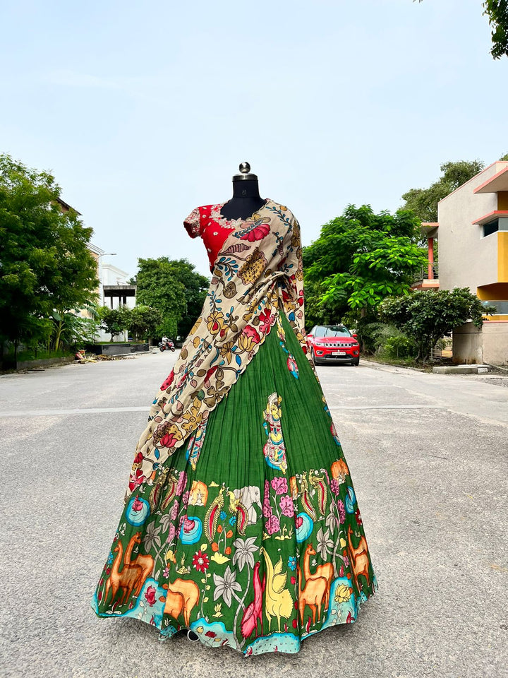 Bright Green Kalamkari Silk Lehenga by myRiti, featuring traditional hand-painted designs, perfect for festive occasions and weddings