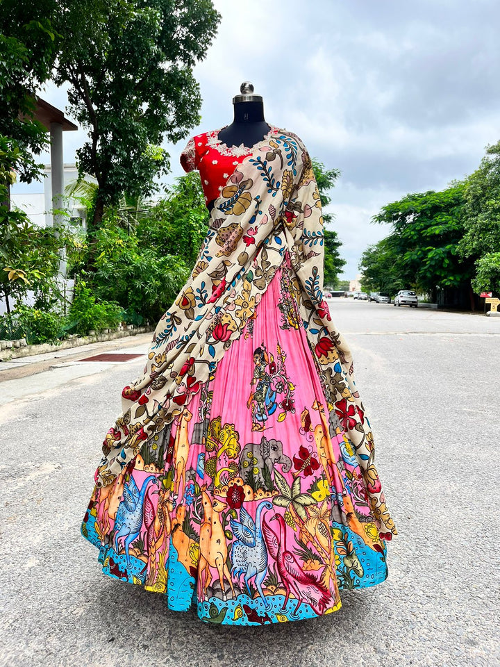 Charming Pink Kalamkari Silk Lehenga by myRiti, adorned with traditional patterns, perfect for bridal and festive wear