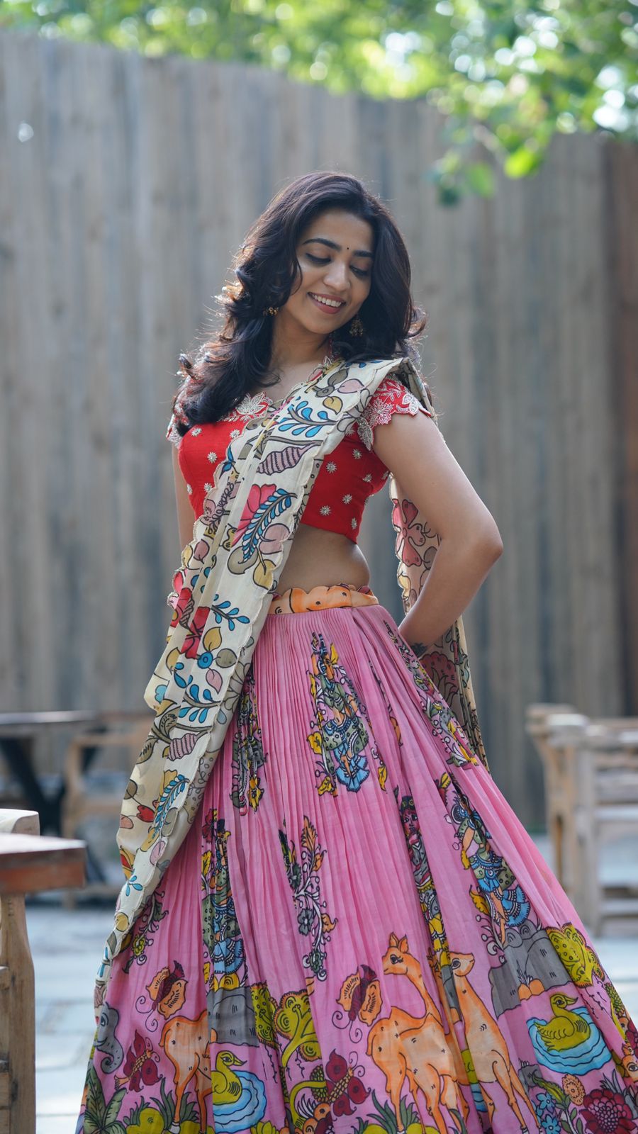 Charming Pink Kalamkari Silk Lehenga by myRiti, adorned with traditional patterns, perfect for bridal and festive wear