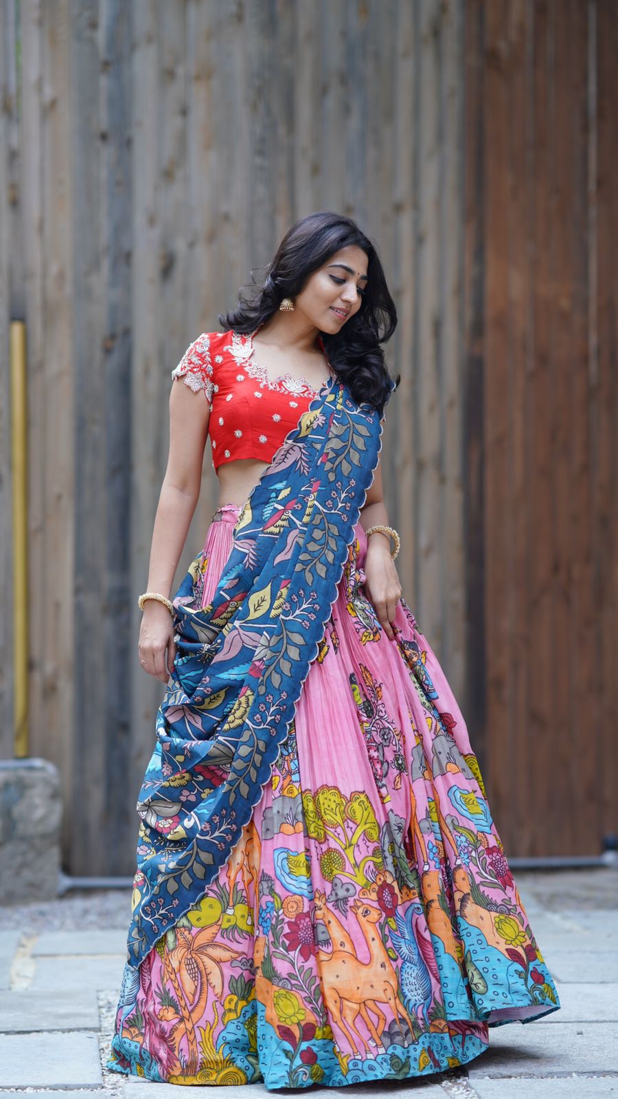 Charming Pink Kalamkari Silk Lehenga by myRiti, adorned with traditional patterns, perfect for bridal and festive wear