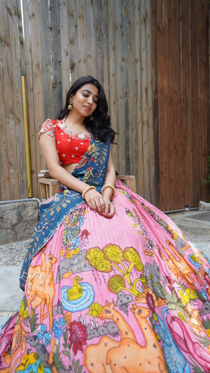 Charming Pink Kalamkari Silk Lehenga by myRiti, adorned with traditional patterns, perfect for bridal and festive wear