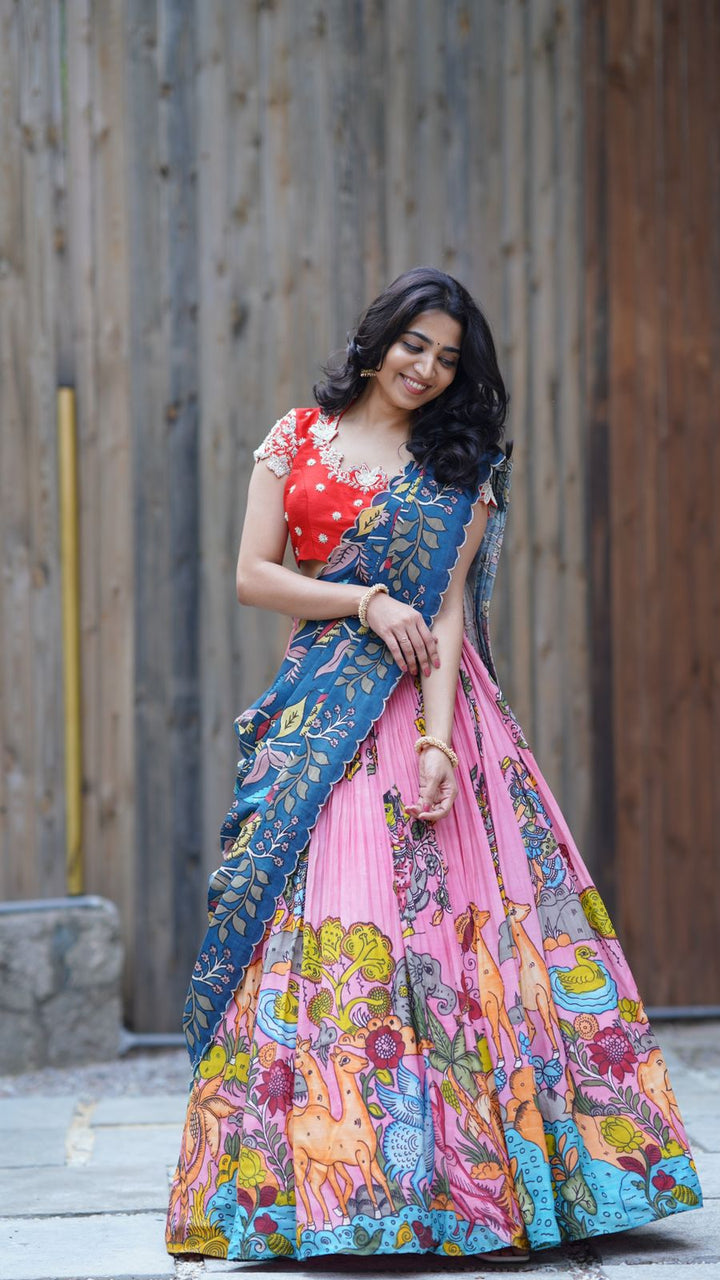 Charming Pink Kalamkari Silk Lehenga by myRiti, adorned with traditional patterns, perfect for bridal and festive wear