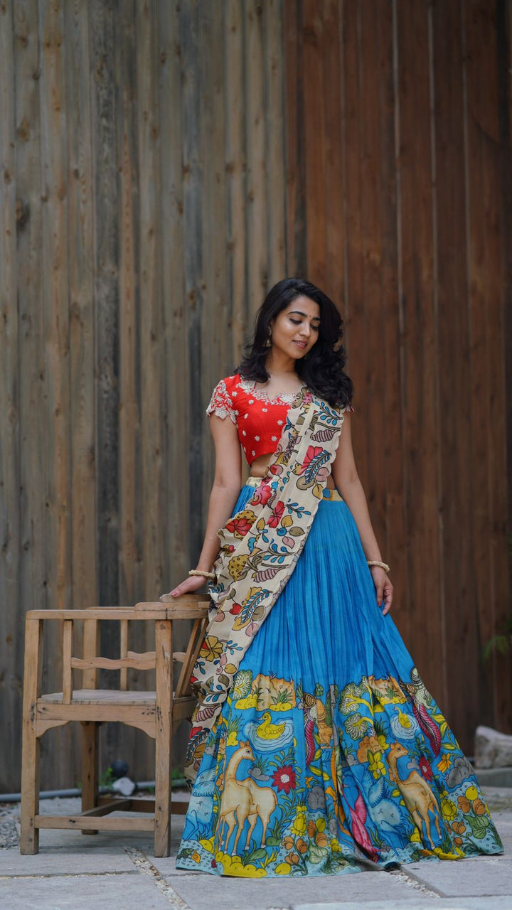 Stunning Blue Kalamkari Silk Lehenga by myRiti, featuring elegant traditional patterns, perfect for weddings and cultural events