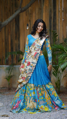 Stunning Blue Kalamkari Silk Lehenga by myRiti, featuring elegant traditional patterns, perfect for weddings and cultural events