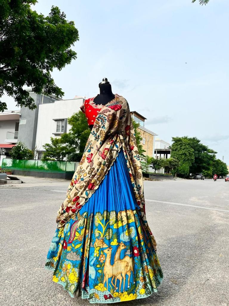 Stunning Blue Kalamkari Silk Lehenga by myRiti, featuring elegant traditional patterns, perfect for weddings and cultural events