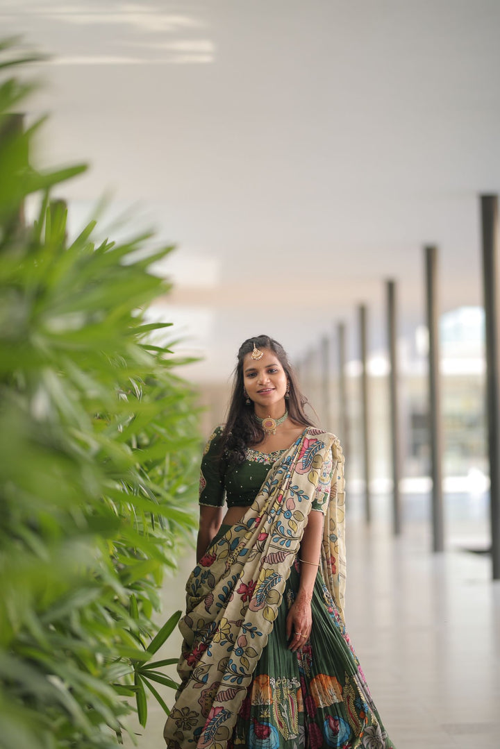 Green Kalamkari Silk Lehenga