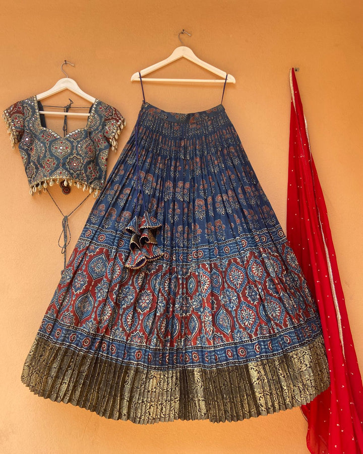 Blue Ajrakh Handloom Silk Lehenga