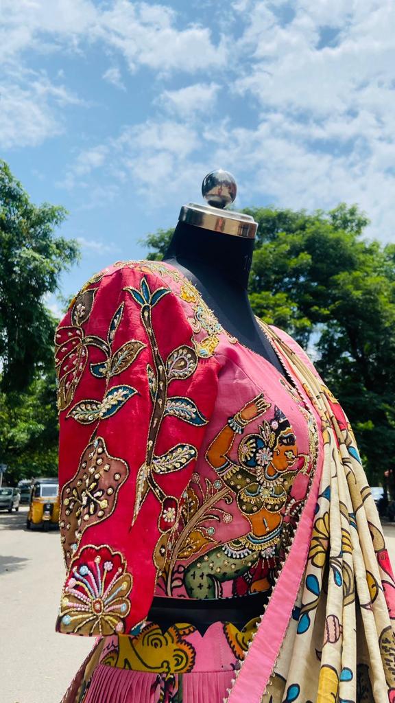 Charming Pink Kalamkari Silk Lehenga by myRiti, adorned with traditional patterns, perfect for bridal and festive wear